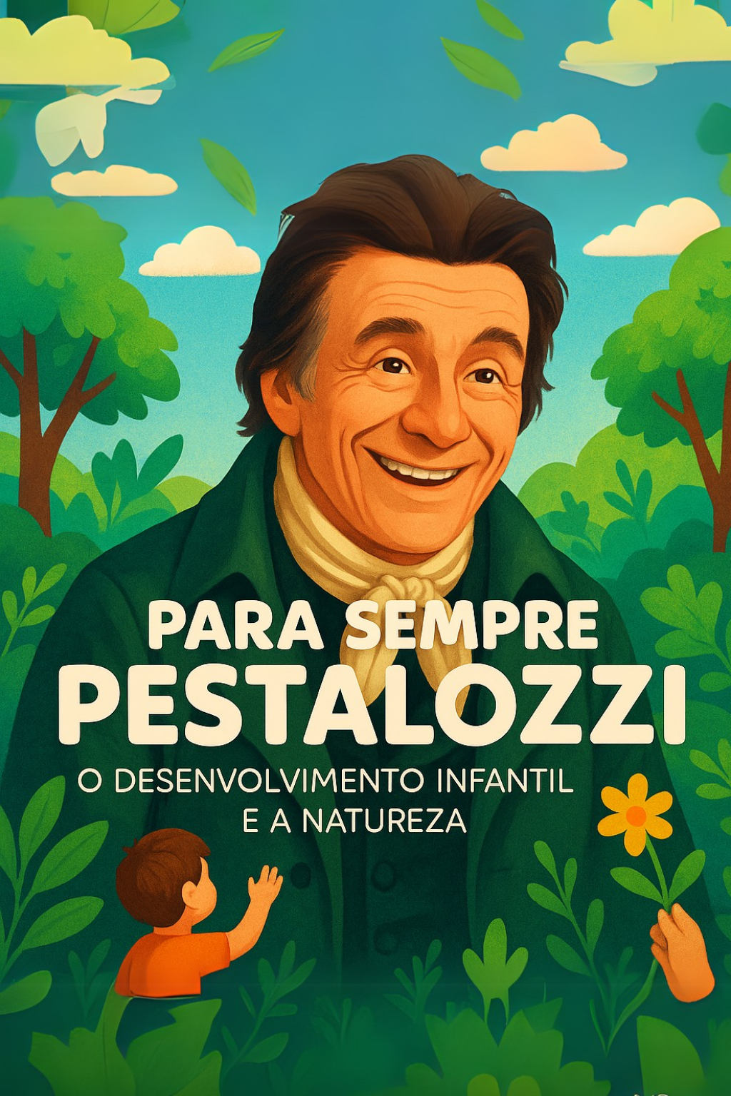Capa do curso 'Para Sempre Pestalozzi - O Desenvolvimento Infantil e a Natureza' da EducaME com Amor, ilustrando a integração entre aprendizagem natural, desenvolvimento infantil e os princípios pedagógicos de Johann Heinrich Pestalozzi