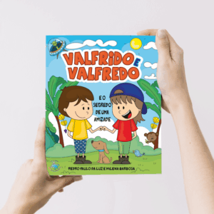 livro infantil Valfrido e Valfredo, mostrando dois meninos na escola, abordando bullying, virtudes e amizade