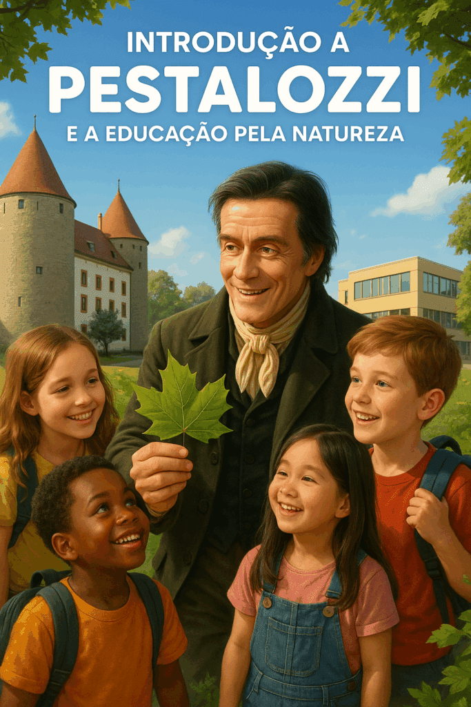 Capa do minucurso 'Introdução à Pestalozzi e a Educação pela Natureza' da EducaME com Amor, mostrando elementos naturais e educacionais que representam a tríade mente, mão e coração da pedagogia Pestalozziana.