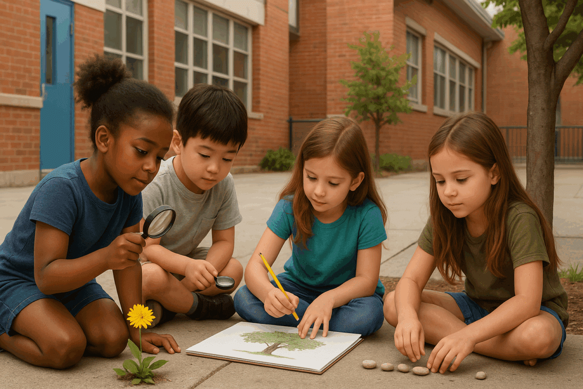Quatro crianças de 6 e 7 anos, de etnias diferentes, exploram ativamente o pátio da escola. Uma criança usa uma lupa para examinar flores, outra está desenhando uma árvore em um caderno, enquanto as outras duas contam pedras no chão, demonstrando aprendizado e curiosidade na natureza.