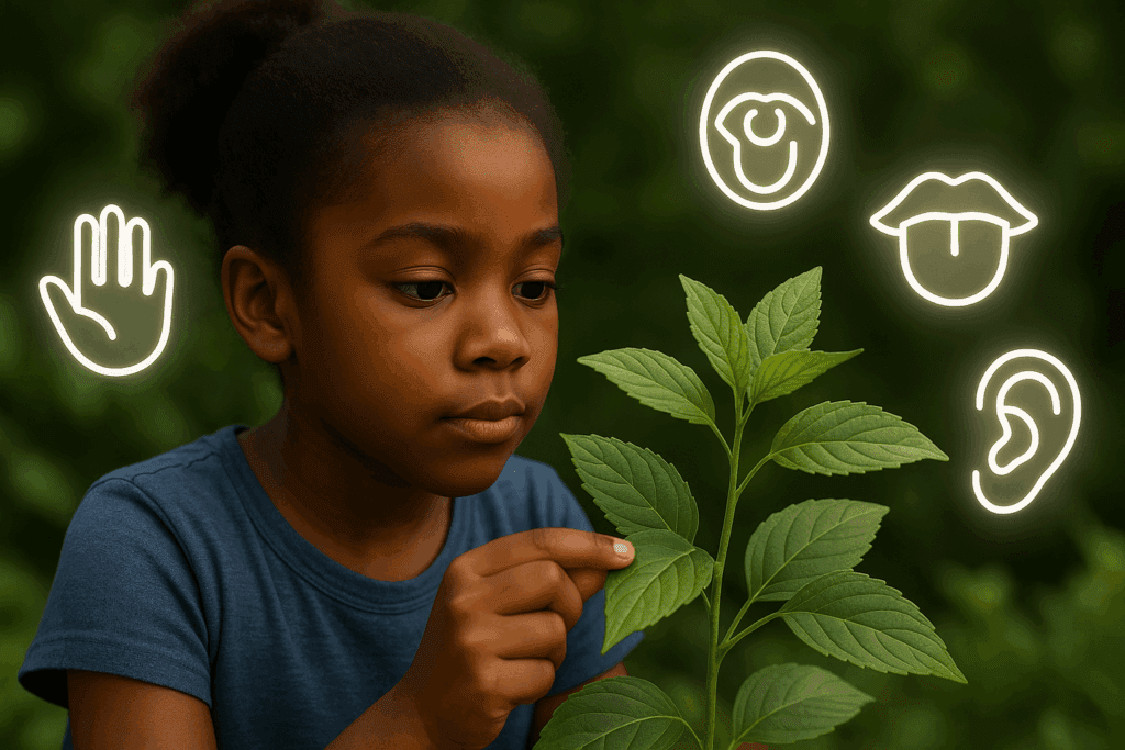 Uma criança curiosa e atenta observa de perto as folhas de uma planta com diversos tons de verde, enquanto ao redor dela flutuam símbolos brilhantes representando os cinco sentidos: tato, visão, paladar, audição e olfato, destacando a exploração sensorial.