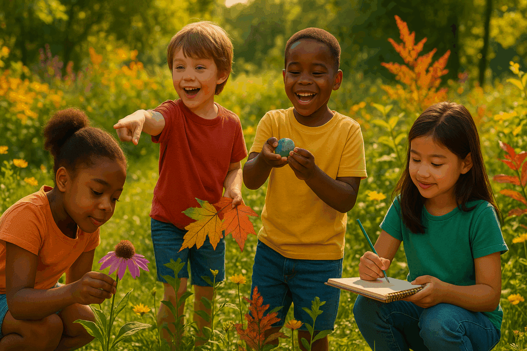 Em um dia ensolarado, quatro crianças de etnias diversas, entre 6 e 9 anos, participam de uma vibrante 'caça ao tesouro das cores' em um parque natural. Uma criança examina uma flor roxa com as mãos, outra aponta para folhas de outono em tons de vermelho e amarelo, uma terceira orgulhosamente exibe uma pedra colorida em uma cesta, e a quarta desenha as cores encontradas em um caderno, celebrando a exploração e o aprendizado na natureza.
