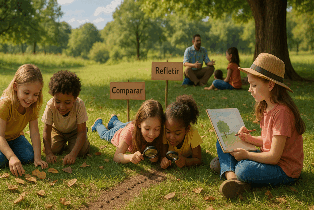 Crianças pequenas participam de atividades de aprendizagem ao ar livre: contando folhas caídas, observando uma trilha de formigas com lupas, desenhando a paisagem e conversando com um educador sob uma árvore. Placas com as palavras "Observar", "Comparar" e "Refletir" reforçam o aprendizado significativo na natureza.