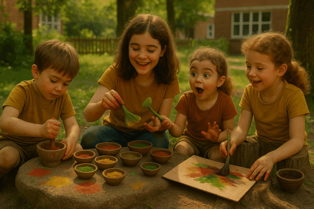 Brincar livre com tintas naturais: crianças pequenas exploram cores com pós coloridos feitos de elementos naturais em tigelas de barro, ao ar livre. Elas usam pincéis rústicos feitos com flores e vegetais, demonstrando fascínio, criatividade e alegria. Uma atividade sensorial que promove coordenação motora, imaginação e conexão com a natureza.
