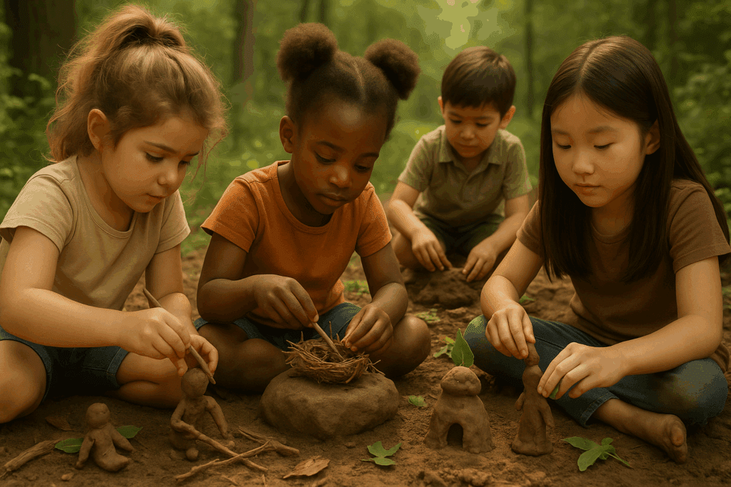  Brincadeiras criativas com elementos naturais, desenvolvendo habilidades motoras e cognitivas inspiradas na pedagogia de Pestalozzi.
