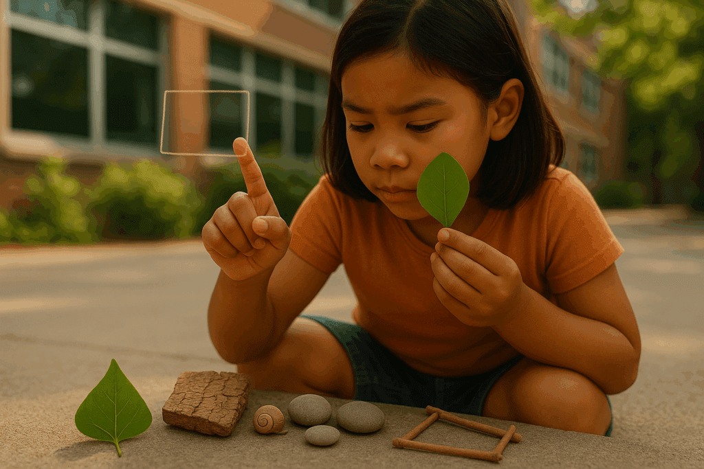 Uma criança morena, de 6 a 8 anos, com expressão de concentração e curiosidade, está agachada no pátio da escola, engajada na descoberta de formas geométricas naturais. Em destaque, ela interage com uma folha em formato de coração, pequenas pedras redondas, e examina padrões de casca de árvore que sugerem retângulos e hexágonos, além de uma concha de caracol com espiral, demonstrando aprendizado prático em ambiente escolar.