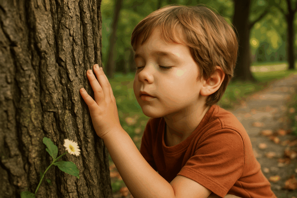 uma criança curiosa (entre 5 e 7 anos) em uma trilha através de uma praça arborizada, engajando ativamente seus sentidos. Close-up das mãos da criança tocando suavemente a textura áspera da casca de uma árvore. Em outra cena, a criança se agacha para inspirar profundamente o cheiro rico da terra úmida ou de uma flor silvestre. Há um momento em que a criança faz uma pausa, com os olhos pensativos, ouvindo atentamente os sons sutis do vento entre as folhas ou o murmúrio de um riacho próximo. Folhas caídas espalhadas pelo caminho adicionam textura e cor vibrante. A cena evoca uma sensação de maravilha, descoberta e uma conexão profunda e alegre com a natureza através da exploração sensorial, com ênfase em cores naturais ricas, texturas detalhadas e um belo jogo de luz e sombra.