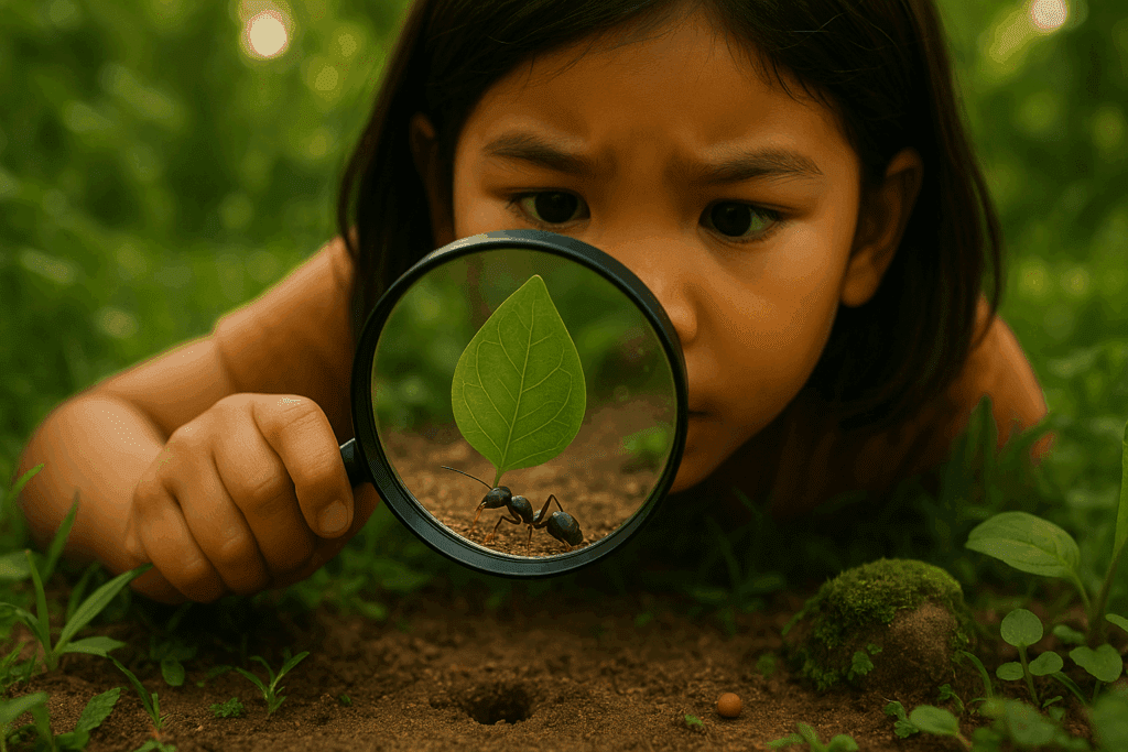 Uma criança de 6 a 9 anos, de etnia diversa, ajoelhada em um jardim ensolarado, utiliza uma lupa para observar atentamente uma formiga carregando um pedaço de folha. A imagem mostra um close-up ampliado através da lupa, revelando detalhes nítidos da formiga, da textura do solo e da folha, destacando a curiosidade e o engajamento da criança em pequenas descobertas científicas na natureza.