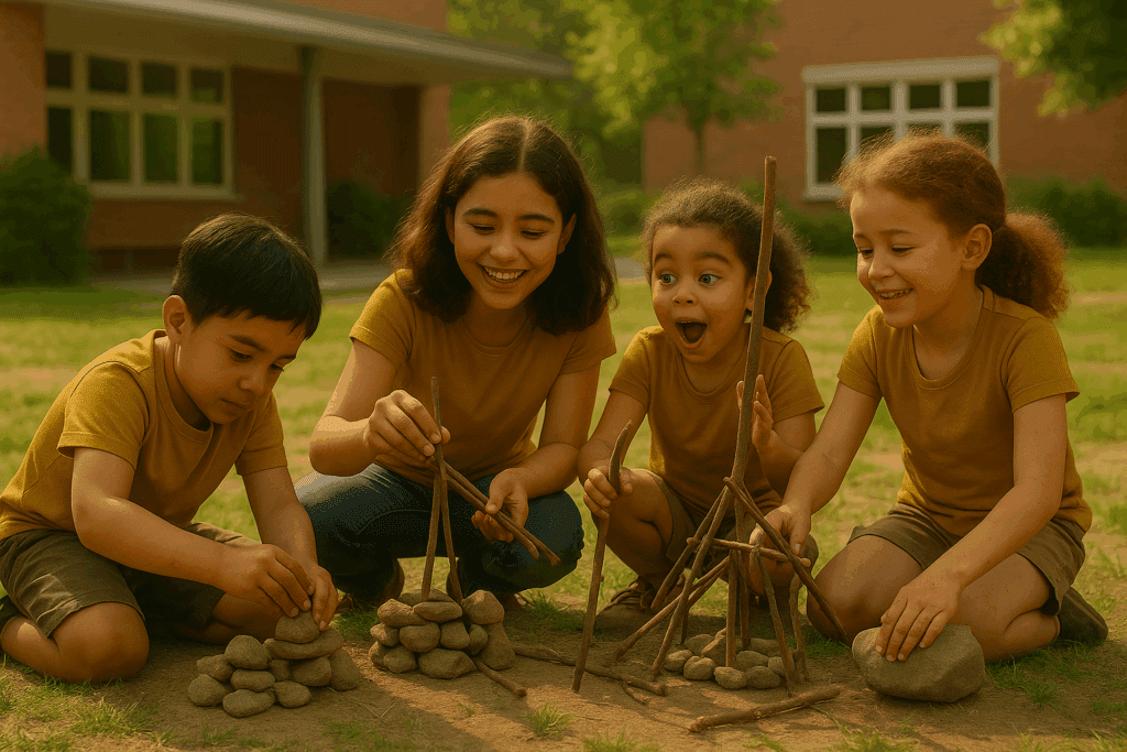 Grupo de crianças pequenas brincando ao ar livre com pedras e galhos, construindo estruturas naturais com concentração, criatividade e alegria. Uma educadora acompanha sorridente, incentivando a exploração livre. A imagem representa o aprendizado sensorial e o desenvolvimento motor através do brincar com elementos da natureza.