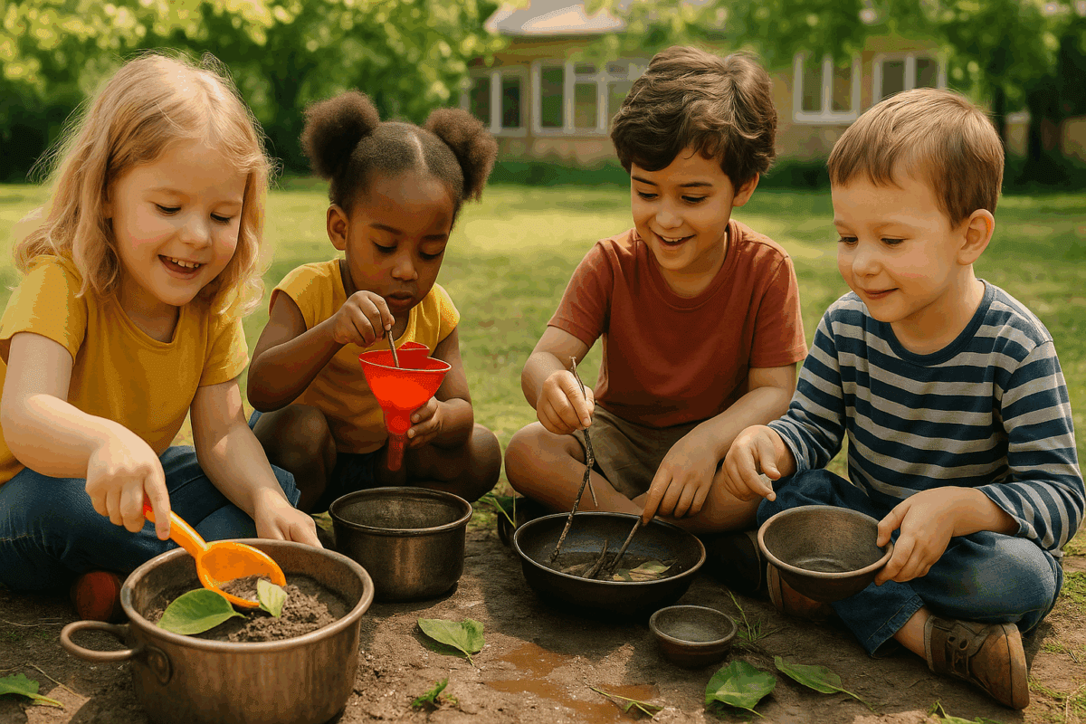brincar livre.crianças de 3 a 9 anos brincando felizes ao ar livre no jardim de uma escola, fazendo 'comida de mentira' com água, barro, terra, folhas e galhinhos. Elas usam potes, pás, colheres e panelinhas para a brincadeira criativa na natureza.