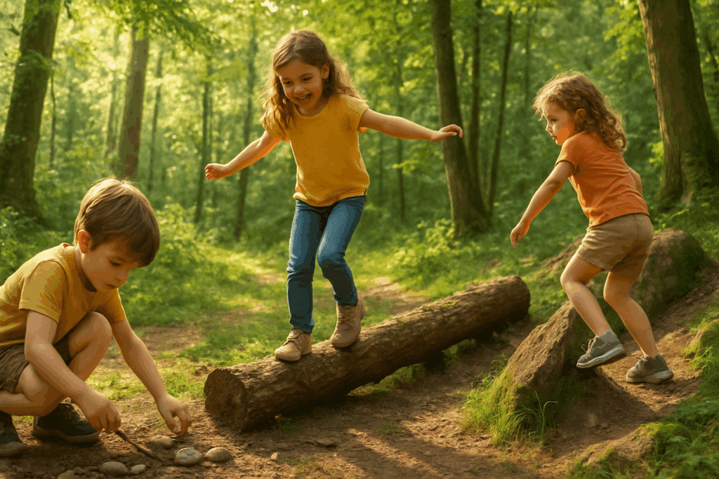 brincar livre.Crianças trabalhando juntas em uma floresta ensolarada, construindo uma estrutura de troncos e galhos. Elas levantam, empurram e encaixam materiais, demonstrando força física, concentração e colaboração. A imagem destaca o aprendizado prático de conceitos de engenharia e física, como peso, equilíbrio e estrutura, e a importância da socialização e do desenvolvimento holístico (mente, mão, coração) através do brincar livre na natureza.