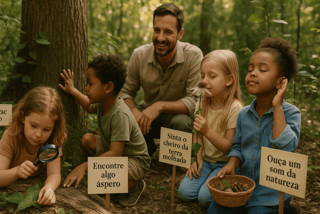 Crianças pequenas participando de uma atividade de caça ao tesouro sensorial na floresta, guiadas por um educador sorridente. Elas exploram texturas, cheiros, sons e formas naturais, usando os sentidos para encontrar pistas como “algo áspero”, “cheiro de terra molhada” e “um som da natureza”. A imagem expressa aprendizagem sensorial, curiosidade e conexão com a natureza.