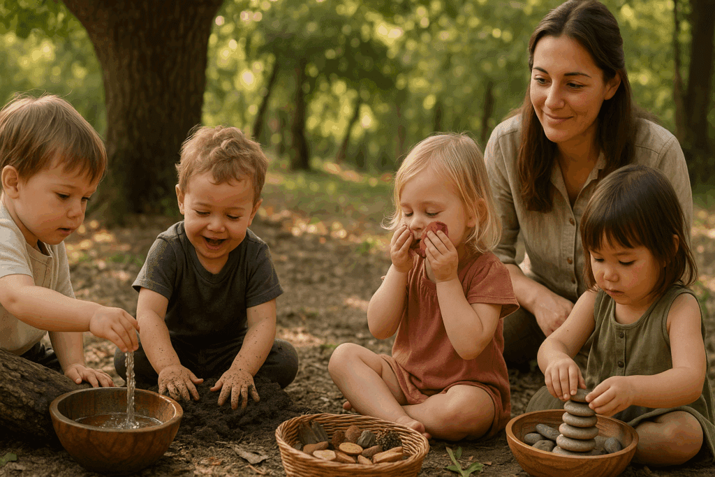 Crianças pequenas explorando livremente elementos da natureza — água, terra, pedras e pétalas — enquanto uma educadora observa com carinho. Cena ao ar livre em ambiente planejado, representando a pedagogia do amor de Pestalozzi com foco no brincar livre e experiências sensoriais.
