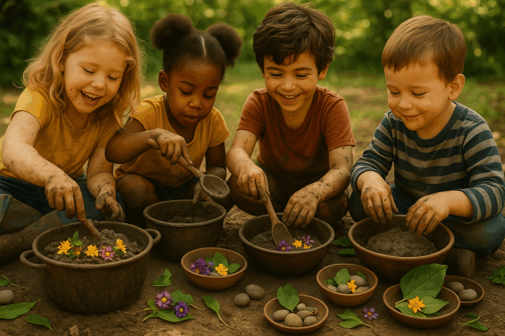 crianças (3 a 9 anos) felizes e concentradas, criando 'culinária da natureza' ao ar livre. Elas moldam 'bolos de lama' com terra e água, e arranjam folhas, galhos e flores como 'ingredientes' em potes e panelinhas. A imagem captura a exploração sensorial, a imaginação e a alegria da brincadeira na natureza.