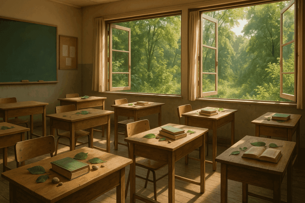  Sala de aula aberta para a natureza, simbolizando o desemparedamento da infância e o aprendizado conectado com o mundo natural.
