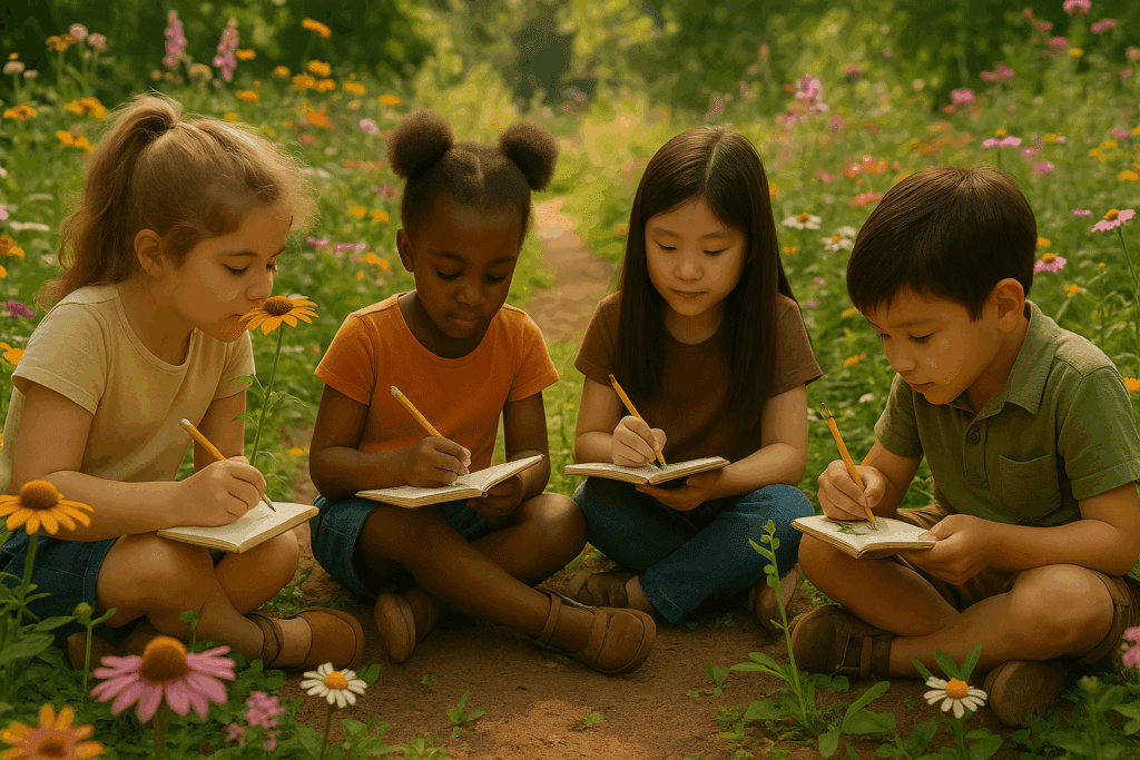 Diário da natureza e desenho de observação, estimulando a percepção sensorial e o aprendizado através da arte e da natureza.
