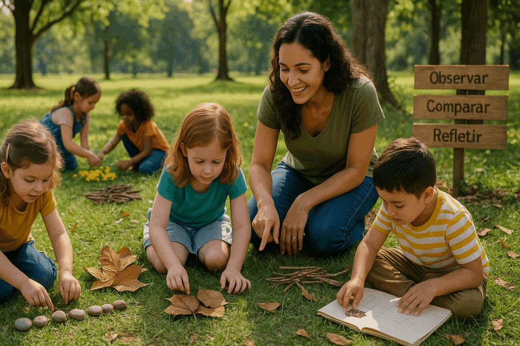 Crianças pequenas participam de atividades de numeracia ao ar livre com uma educadora em um parque. Elas contam pedrinhas, agrupam folhas e galhos, comparam quantidades e registram em cadernos, ao lado de uma placa de madeira com as palavras “Observar”, “Comparar” e “Refletir”. A cena representa o aprendizado de matemática na natureza de forma lúdica e significativa.