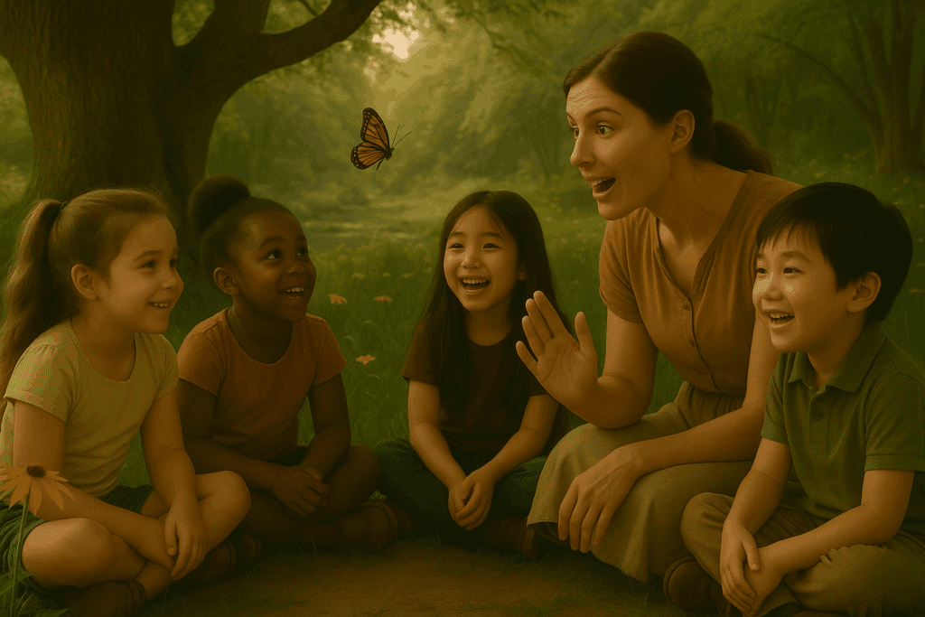 Contação de histórias ao ar livre, conectando emoção, espírito e aprendizado através da natureza e da sabedoria de Pestalozzi.
