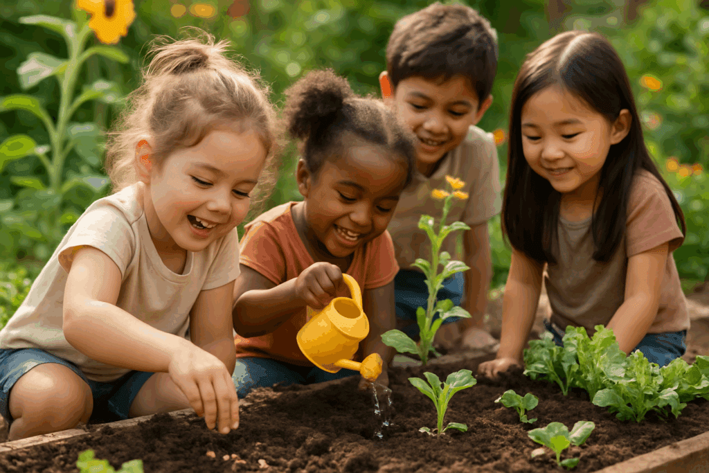 Jardinagem educativa para crianças, aprendendo fazendo e conectando-se com o ciclo da vida e o desenvolvimento infantil.
