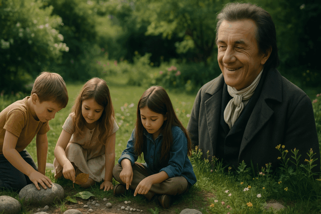 Pestalozzi e a educação pela natureza, ilustrando a conexão entre a pedagogia e o aprendizado ao ar livre para o desenvolvimento infantil.