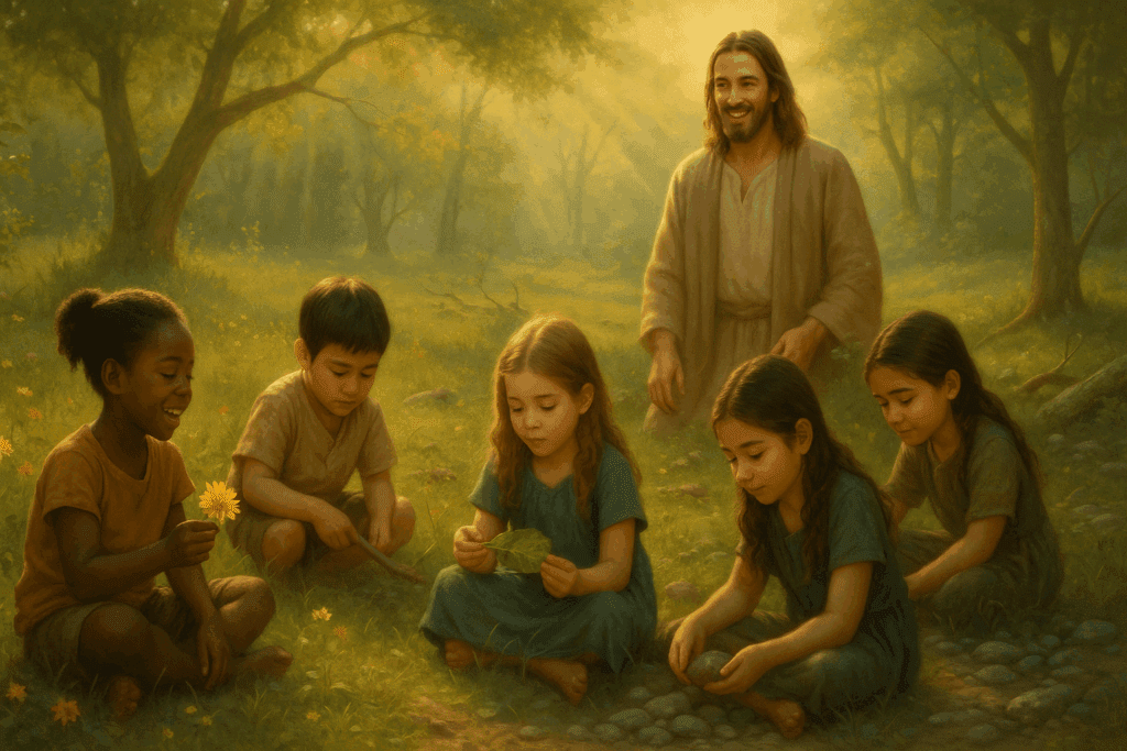 Crianças de diversas etnias aprendem e exploram em um campo idílico, interagindo com flores e folhas, em uma sala de aula ao ar livre iluminada pelo sol. Jesus está sorrindo sutilmente ao fundo, simbolizando a sabedoria divina e o aprendizado através da natureza.