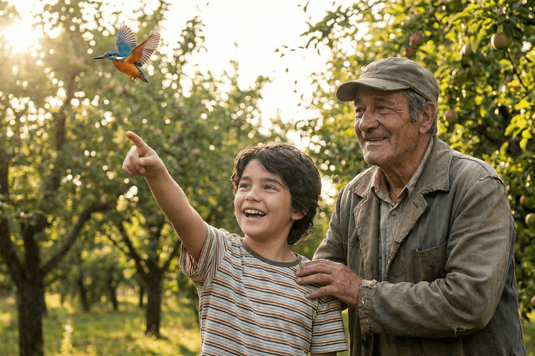 Menino sorrindo apontando para um pássaro voando livre no céu, ao lado do avô que observa emocionado, representando o respeito à natureza e a liberdade.