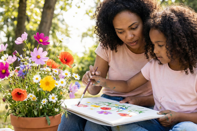 Uma mãe e sua filha de aproximadamente 8 anos, ambas de pele morena e cabelos cacheados escuros, sentadas juntas ao ar livre em um dia ensolarado. Elas observam atentamente um vaso de barro cheio de flores coloridas do campo (como papoulas e margaridas) enquanto a mãe guia a mão da filha com um pincel, pintando as flores com aquarela em um grande bloco de papel no colo delas.