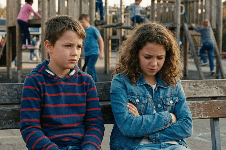 Menino e menina de sete anos sentados em um banco de parquinho da escola. A menina de jaqueta jeans está magoada, olhando para baixo com os braços cruzados, e o menino de moletom listrado ao lado tem uma expressão de arrependimento após um comentário ofensivo.
