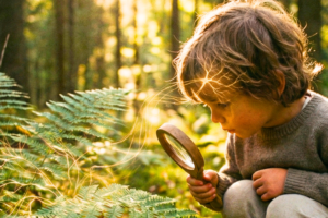 Uma fotografia de um menino pequeno agachado em uma floresta densa, usando um suéter de lã marrom e calças claras. Ele segura uma lupa de madeira e examina o chão coberto de musgo e samambaias. Fios de luz dourada e mágica emanam do ponto que ele observa e se conectam à sua cabeça, sob a luz dourada do sol que filtra por entre as árvores.