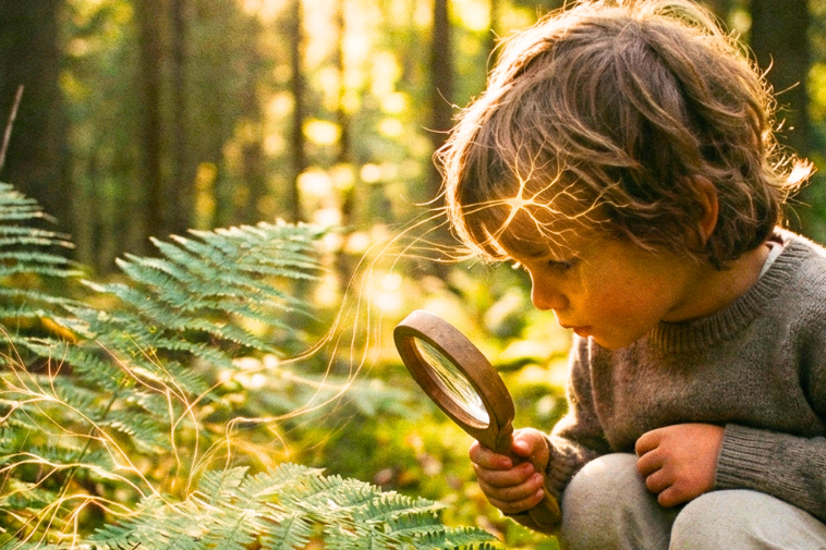 Uma fotografia de um menino pequeno agachado em uma floresta densa, usando um suéter de lã marrom e calças claras. Ele segura uma lupa de madeira e examina o chão coberto de musgo e samambaias. Fios de luz dourada e mágica emanam do ponto que ele observa e se conectam à sua cabeça, sob a luz dourada do sol que filtra por entre as árvores.