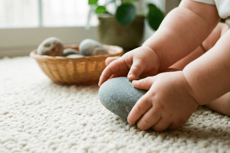 Bebê segurando uma pedra de rio em atividade sensorial de educação infantil, explorando texturas e a natureza segundo Pestalozzi.