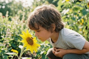 Criança observando uma abelha em uma flor no jardim, aprendendo sobre solidariedade e interdependência na natureza.