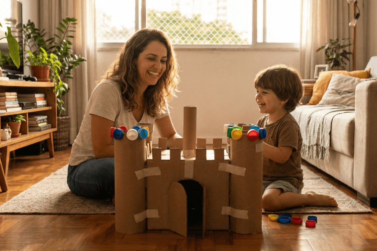 Adulto e criança rindo sentados no chão da sala, construindo um castelo de brinquedo com caixas de papelão e materiais recicláveis, ilustrando a educação ambiental prática e criativa em casa.