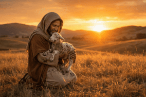 Desenho suave de Jesus como Bom Pastor abraçando uma ovelha perdida, representando o acolhimento na evangelização infantil.